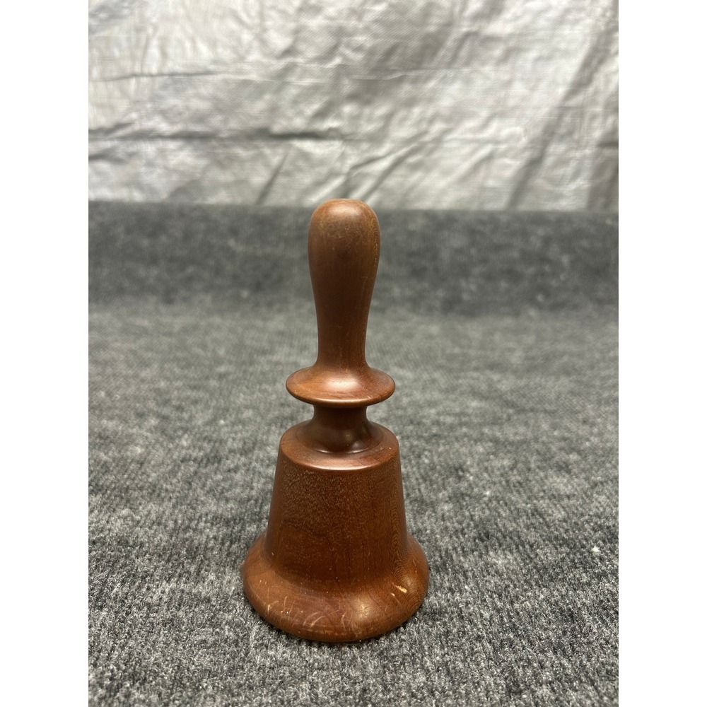Vintage Hand Turned Solid Wood Hand Bell Brown Decorative Service Bell 4.5"